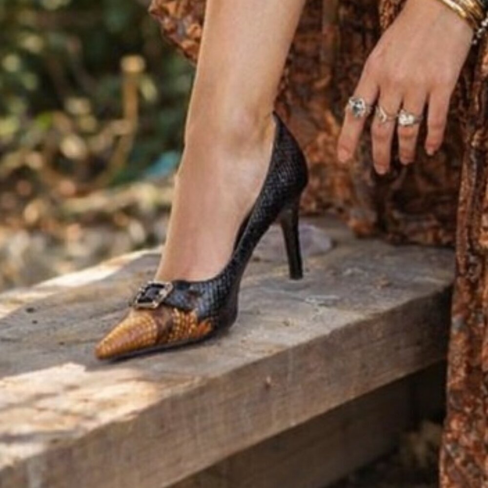 Luciano Padovan Two Tone Black Brown Snakeskin Leather Heel, Size 38 (US 7-7.5)